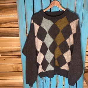 Boss argyle sweater size XL alpaca/virgin wool gray white turquoise gold Germany